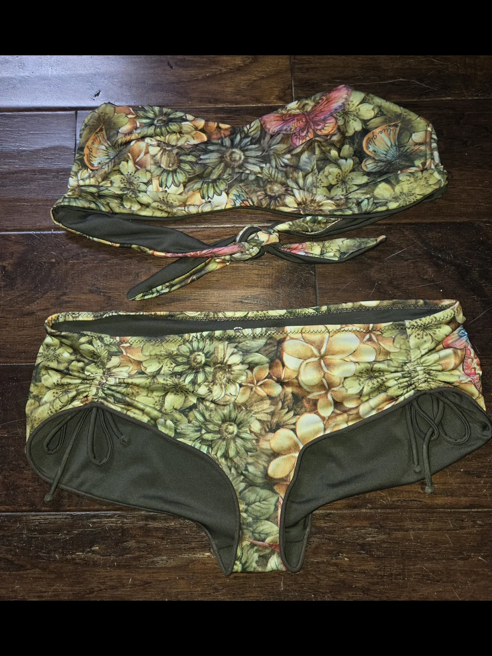 Floral Tie-Back Bandeau Bikini Set - Green Floral, sz L